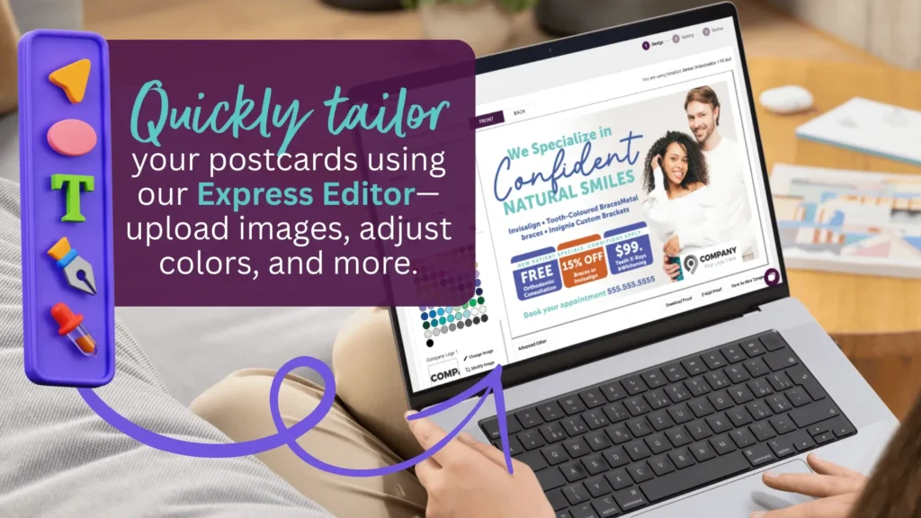 A laptop showing the easy process of using the Express Editor to customize direct mail or printed products.