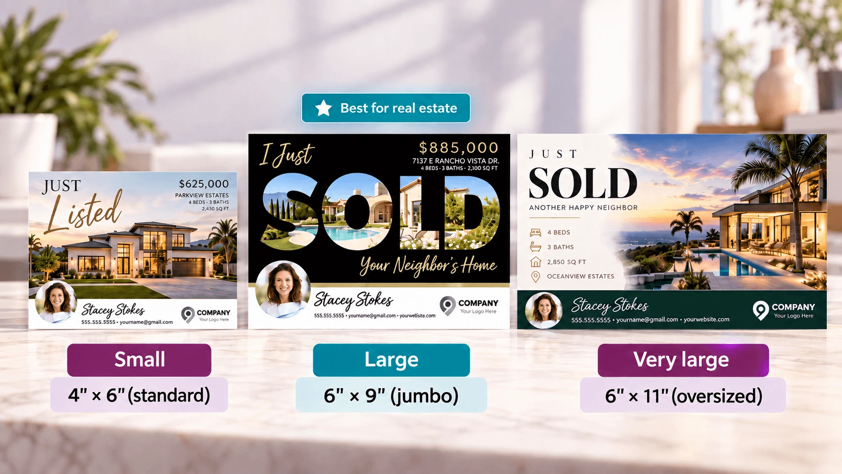 Comparison of a small 4x6 inch standard postcard, a large 6x9 inch jumbo postcard, and a very large 6x11 inch oversized real estate postcard shown to scale