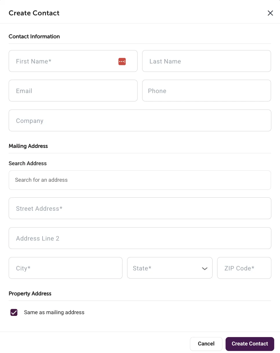 The Create Contact dialog in Wise Pelican, with separate Mailing Address and Property Address sections