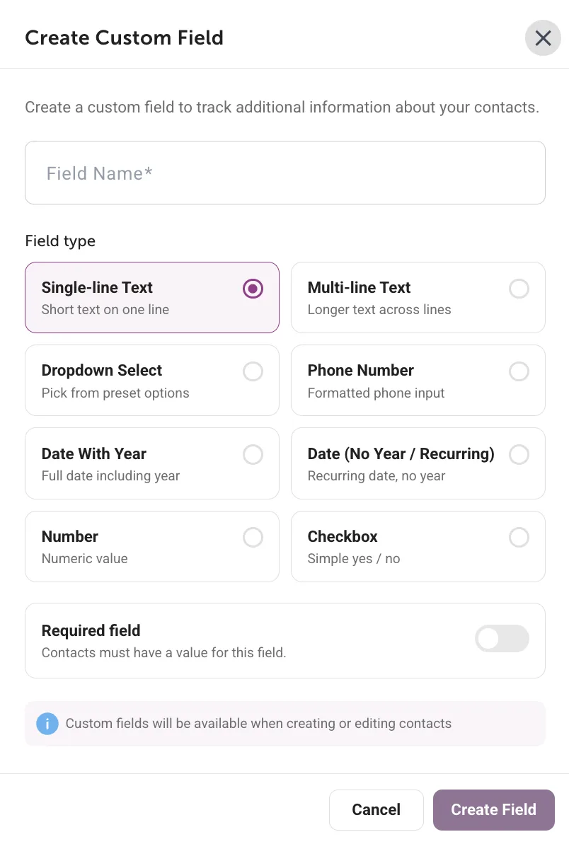 The Create Custom Field dialog in Wise Pelican, offering text, dropdown, phone, date, number and checkbox field types