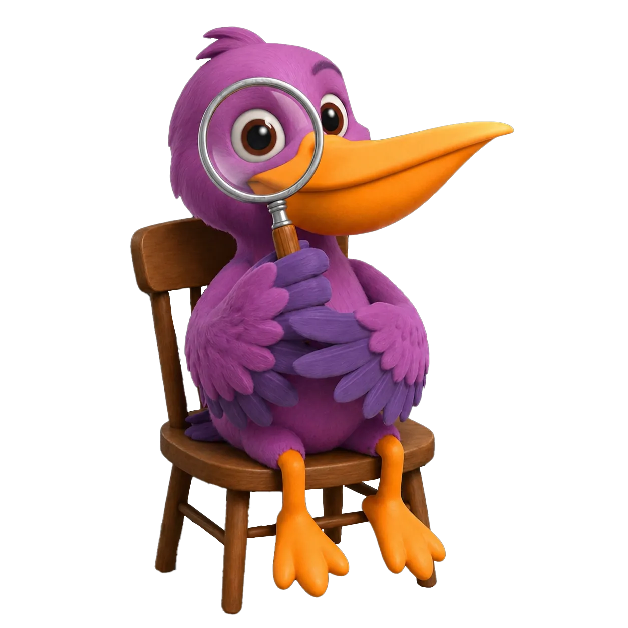 Wise Pelican mascot holding a magnifying glass