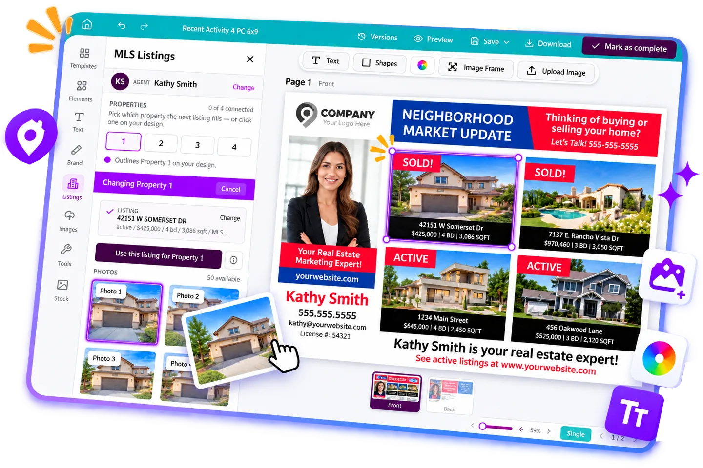 PowerDesigner editor pulling MLS listing photos and details into a real estate postcard