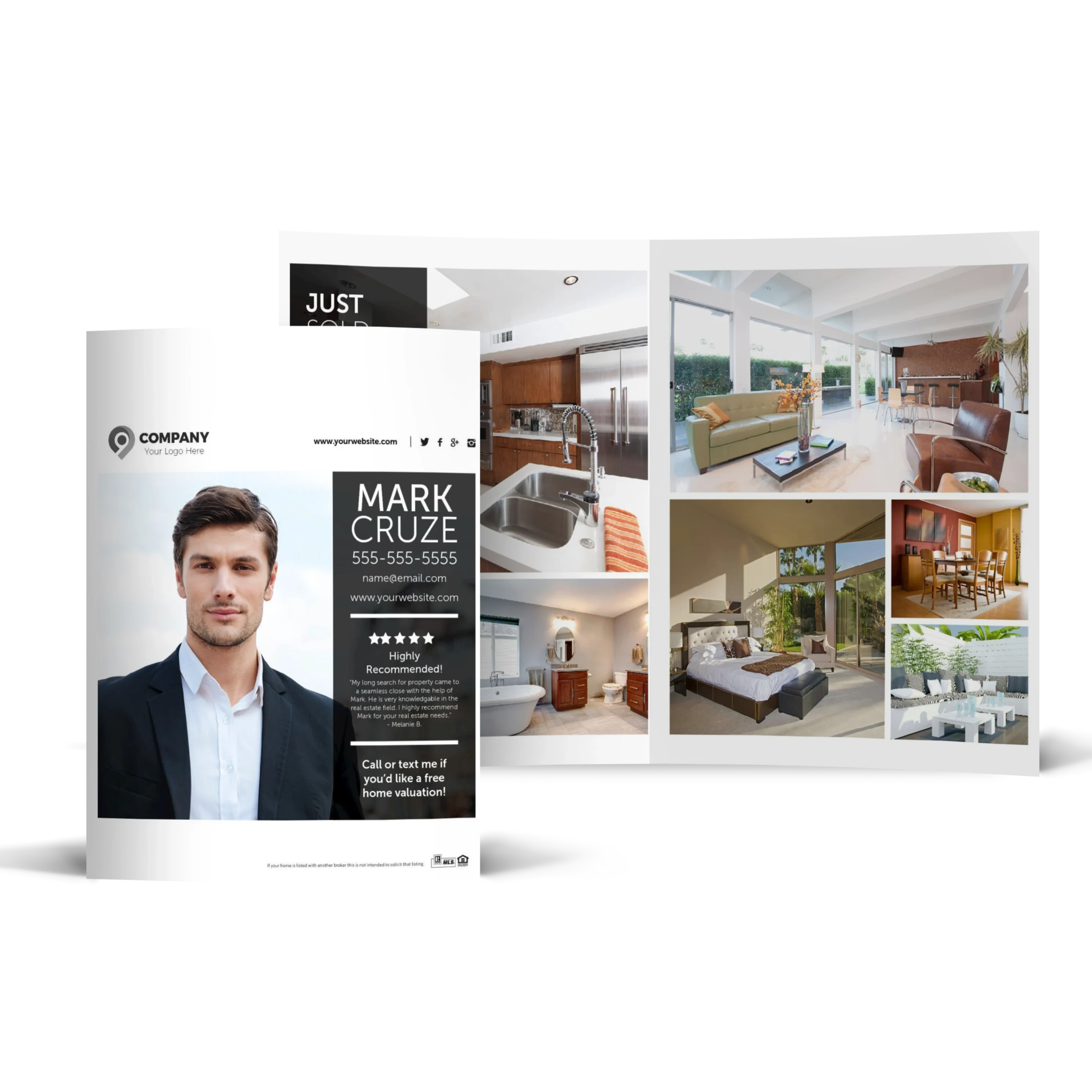 A front and opened view of a real estate brochure.