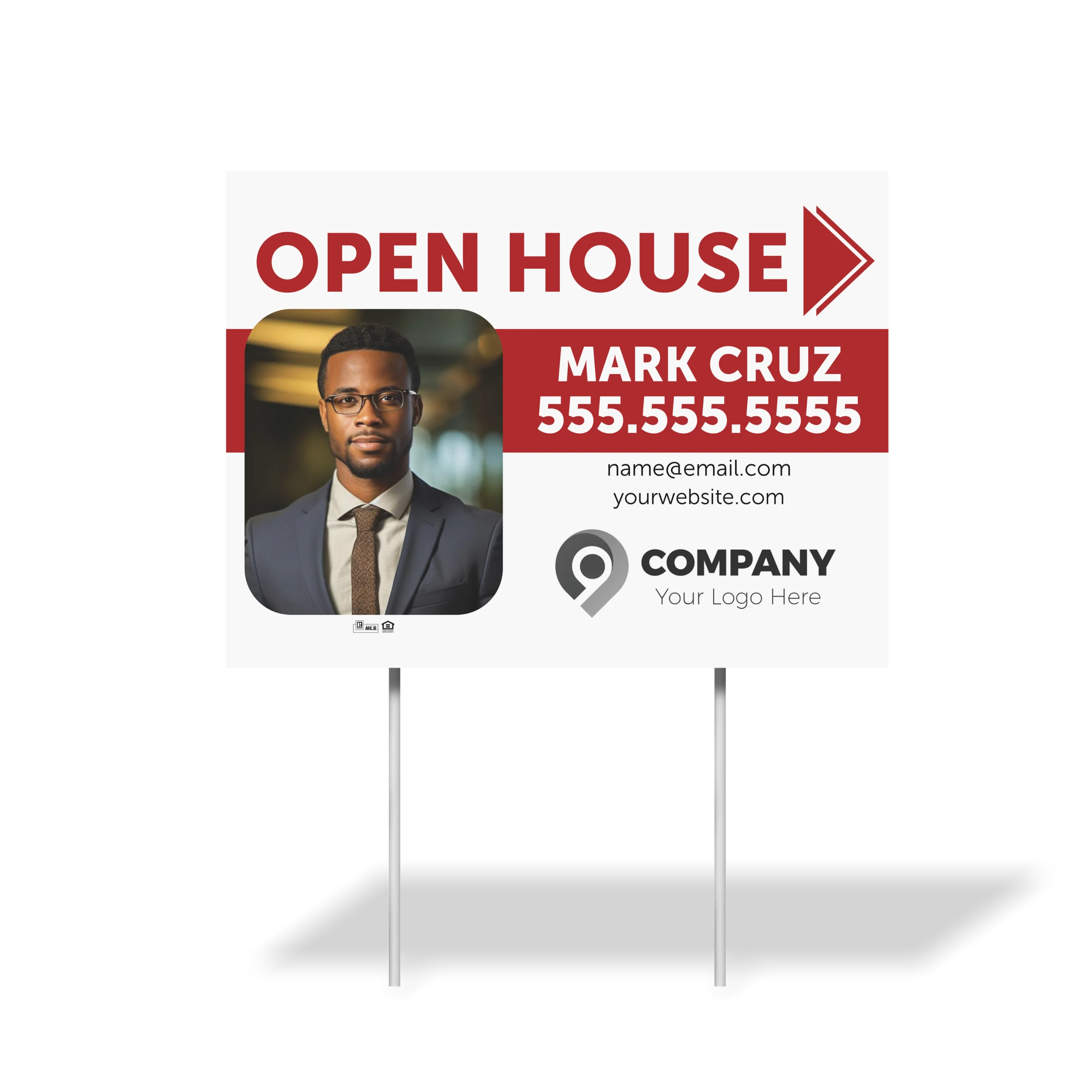 A real estate open house yard sign.