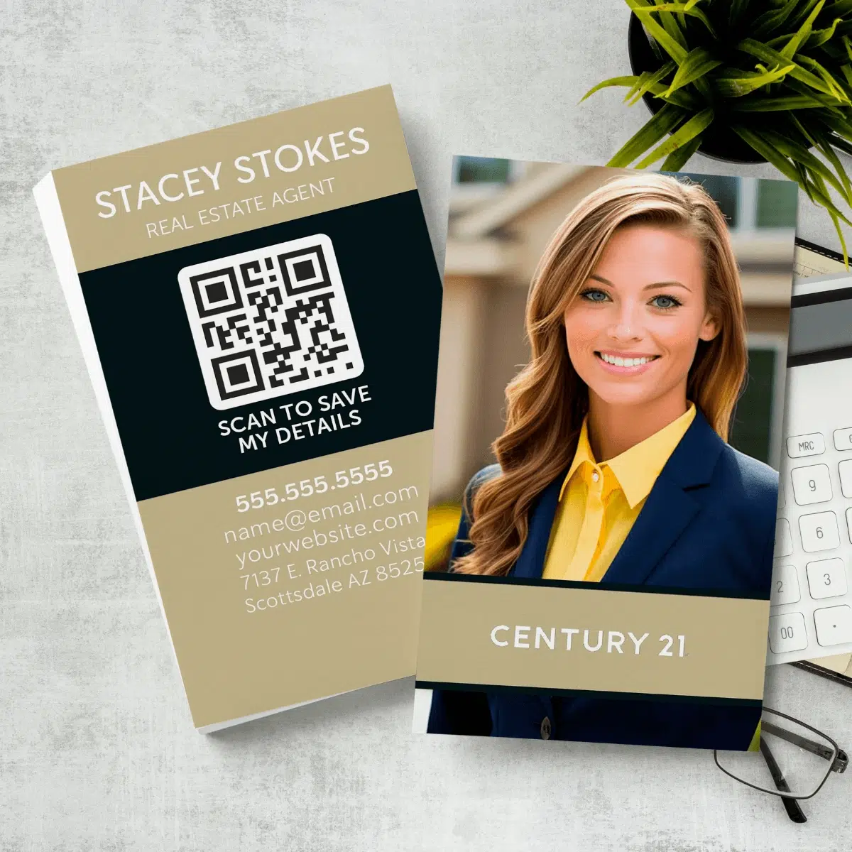 A gold vertical century 21 business card for real estate.