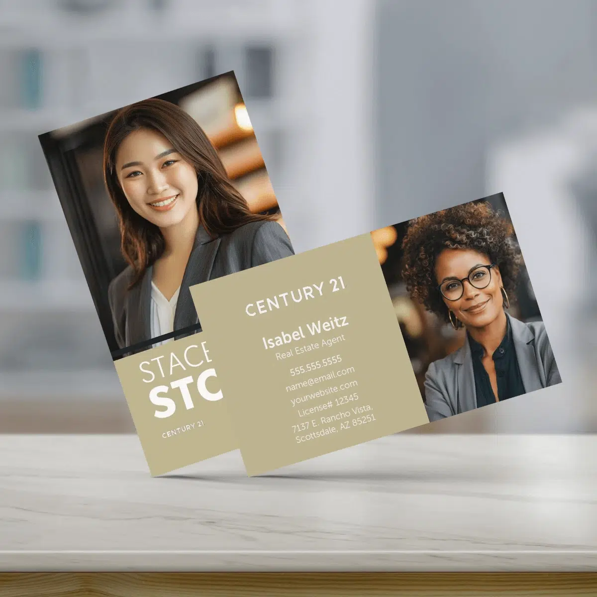 A vertical and horizontal century 21 business card for real estate.