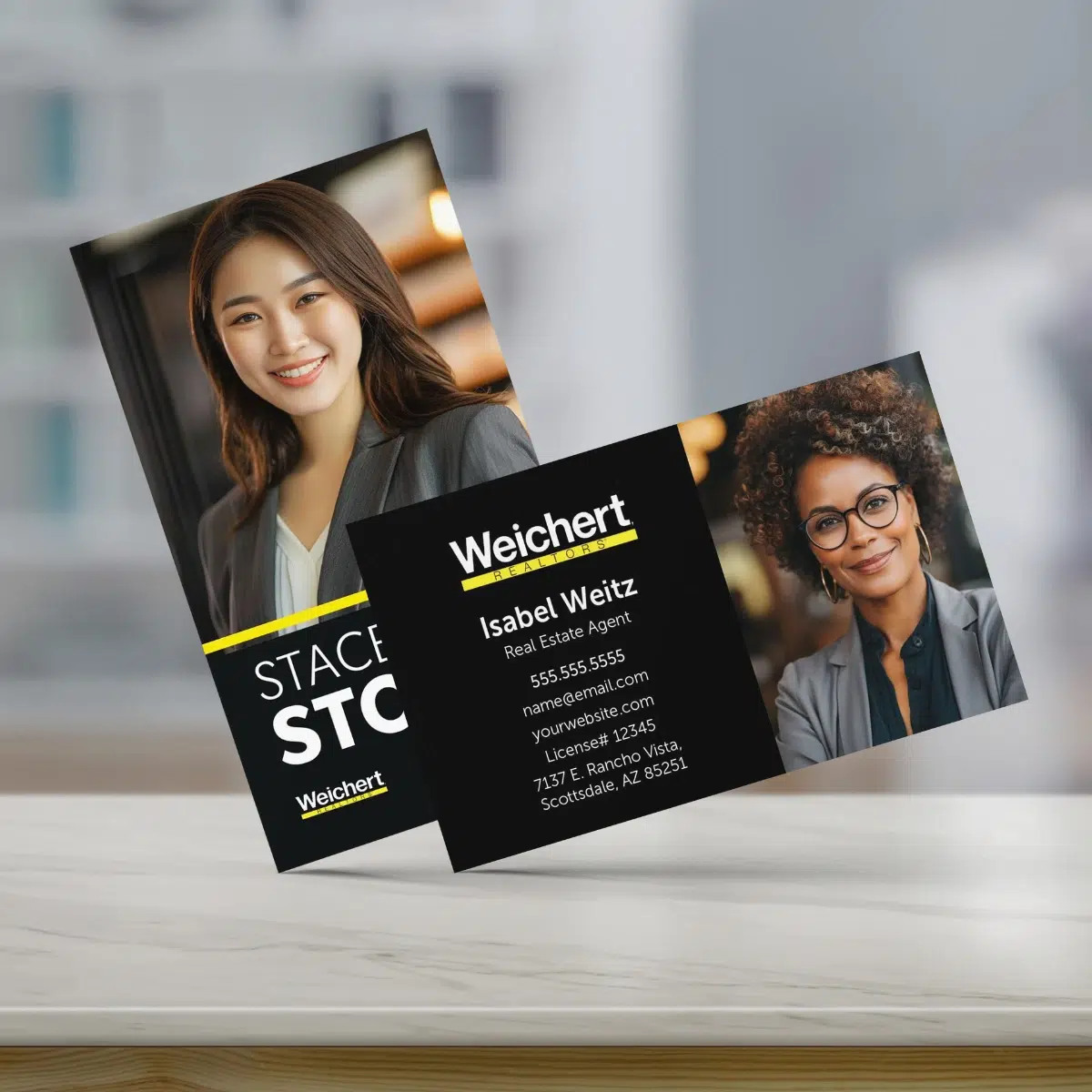 A vertical and horizontal Weichert business card.