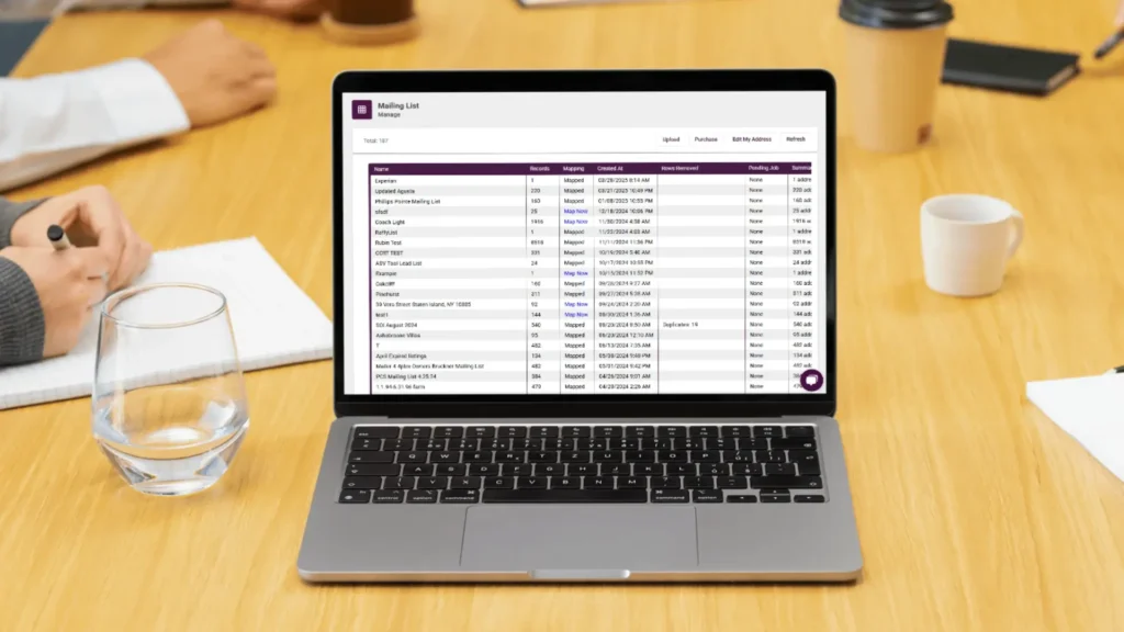 A laptop on an office desk showing a real estate mailing list on screen.
