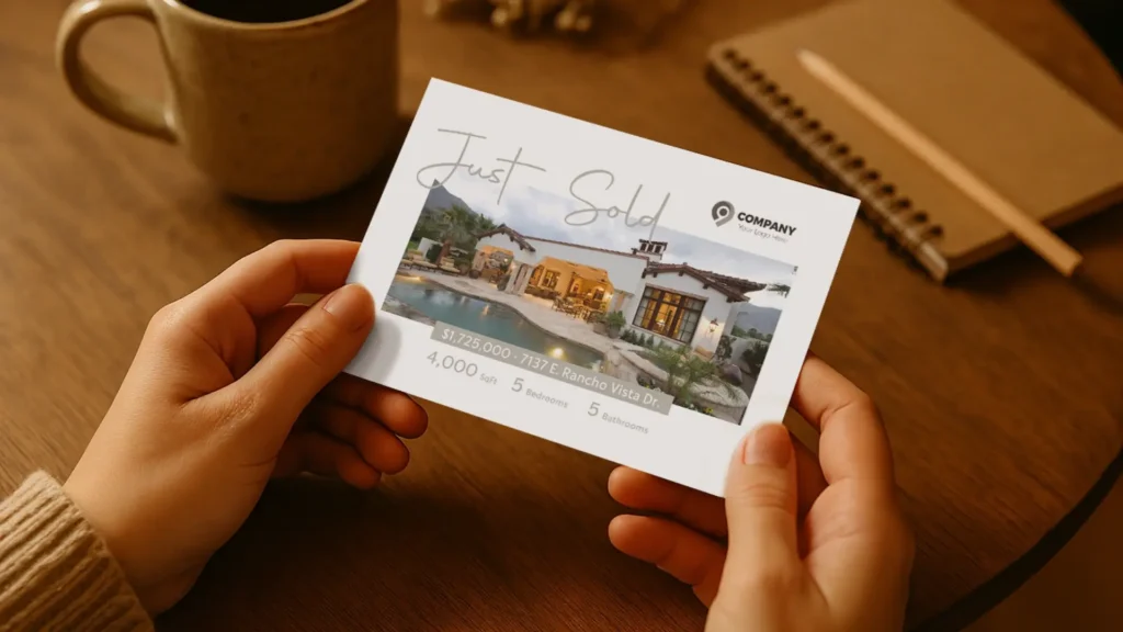 A person holding a just sold postcard with a brown note book and mug in the background.