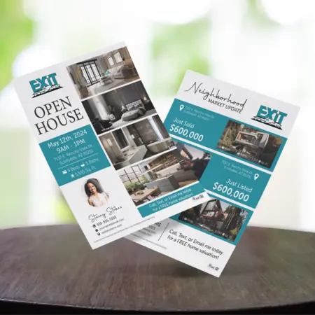 An open house and market update Exit realty flyer on a wooden table.
