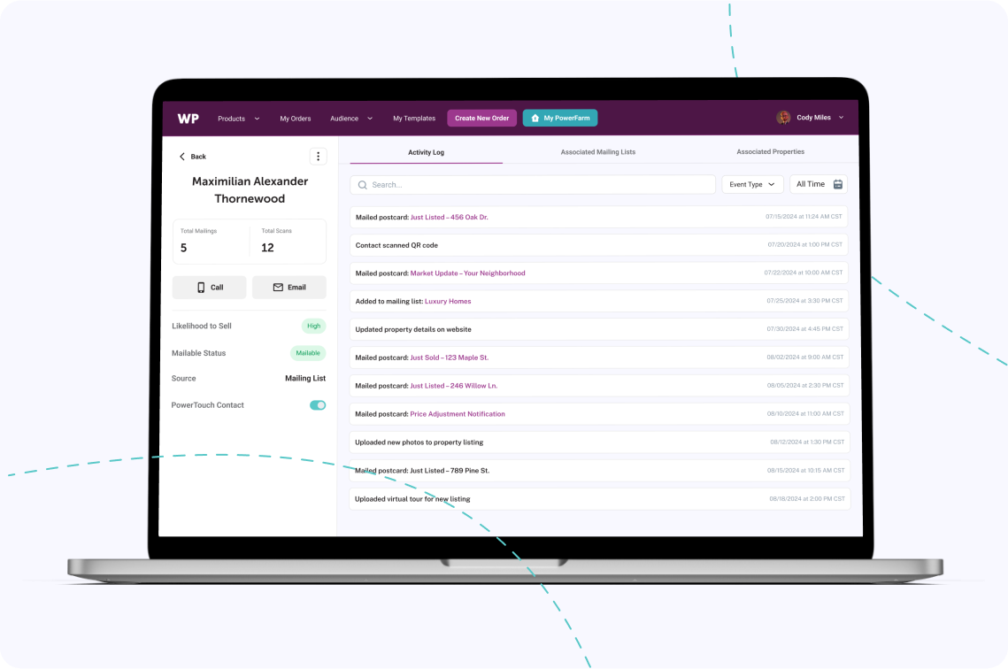 A laptop screen showing real leads from PowerFarm.
