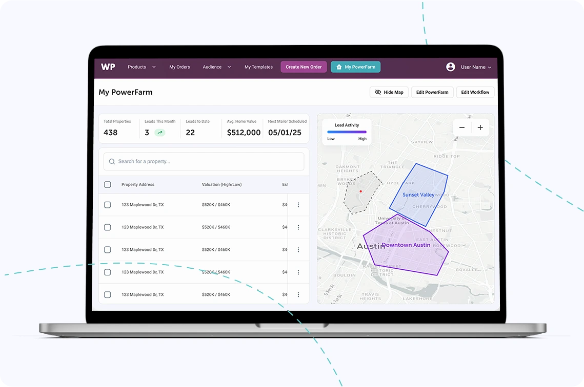 A laptop with PowerFarm screen showing farming area.